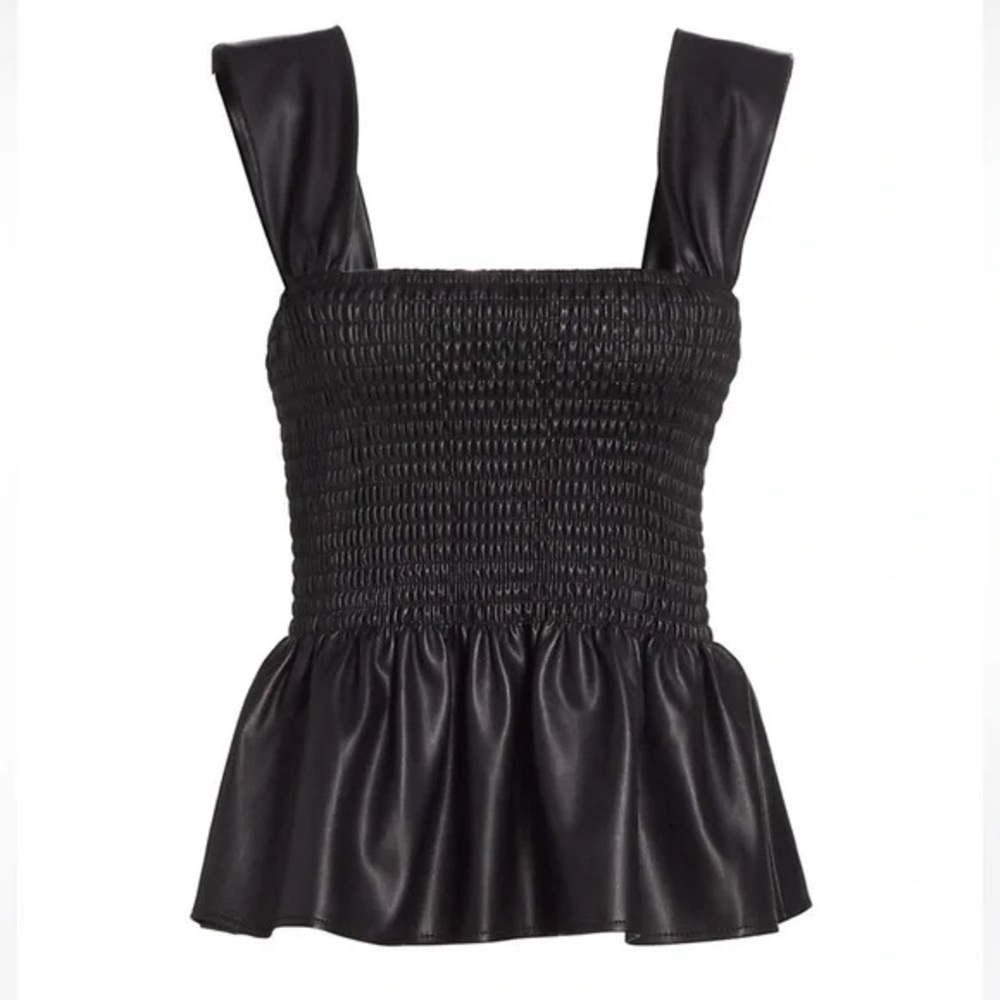 NWT Staud Oda Soft Faux Leather Peplum Smocked Top